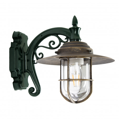 klassieke muurlamp met koperen deksel en groene wandsteun en een porseleinen E27 fitting en een bronzen raster