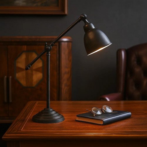 Zwarte tafellamp Berkley bureaulamp met ronde voet en kap en verstelbare stangen