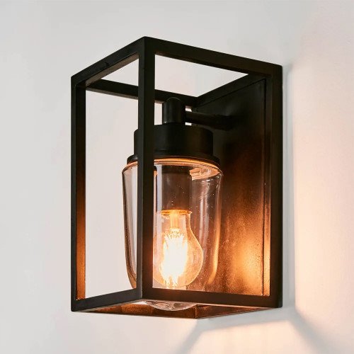 Wandlamp Fitzroy zwart strak stijlvol modern klassiek box design verlichting voor binnen of buiten aan de wand, brons frame stolpglas vlakke achterzijde