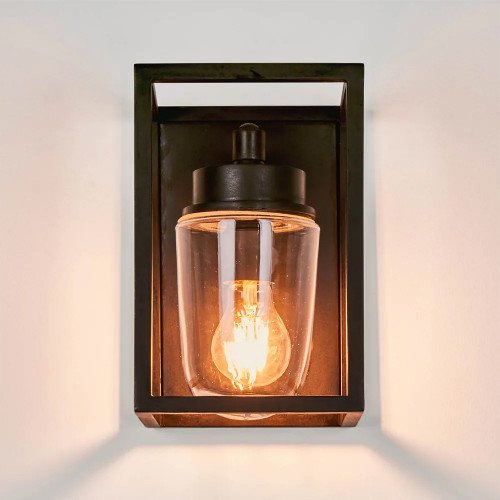 Wandlamp Fitzroy zwart strak stijlvol modern klassiek box design verlichting voor binnen of buiten aan de wand, brons frame stolpglas vlakke achterzijde