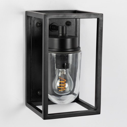 Wandlamp Fitzroy zwart strak stijlvol modern klassiek box design verlichting voor binnen of buiten aan de wand, brons frame stolpglas vlakke achterzijde