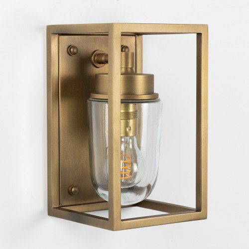 Wandlamp Fitzroy antiek messing, klassiek box design met stolpglas, e27 fitting, wandverlichting met een luxueuze uitstraling, exclusieve verlichting voor aan de wand