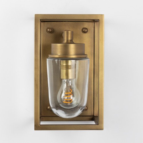 Wandlamp Fitzroy antiek messing, klassiek box design met stolpglas, e27 fitting, wandverlichting met een luxueuze uitstraling, exclusieve verlichting voor aan de wand