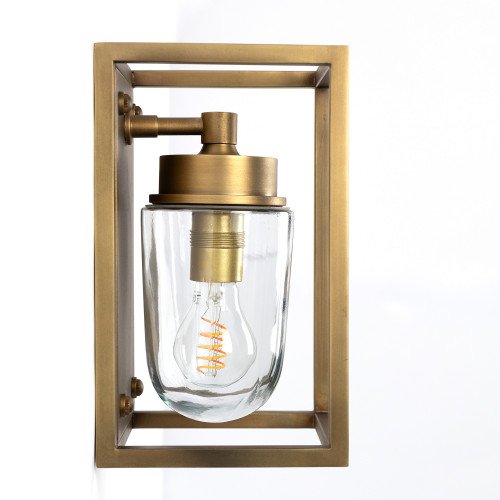 Wandlamp Fitzroy antiek messing, klassiek box design met stolpglas, e27 fitting, wandverlichting met een luxueuze uitstraling, exclusieve verlichting voor aan de wand