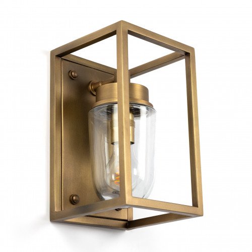 Wandlamp Fitzroy antiek messing, klassiek box design met stolpglas, e27 fitting, wandverlichting met een luxueuze uitstraling, exclusieve verlichting voor aan de wand