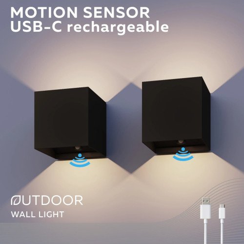 Oplaadbare up en down muurlamp zwart met bewegingssensor