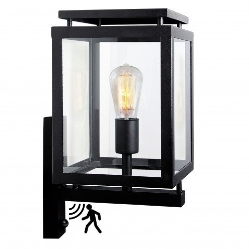 Buitenlamp De Vecht met bewegingssensor, buitenverlichting voor aan de wand, zwarte frame, helder glas, inclusief sensor