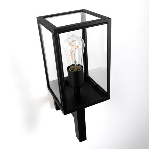 Zwarte buitenlamp strak klassiek box design, rechte wandsteun, stijlvol en praktische buiten wandlantaarn, handmade KS Verlichting