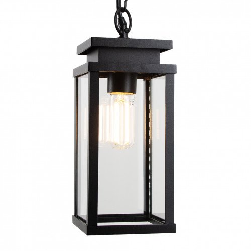 Buiten hanglamp zwart frame met helder glas aan ketting met plafondplaat, veranda lamp van KS Verlichting