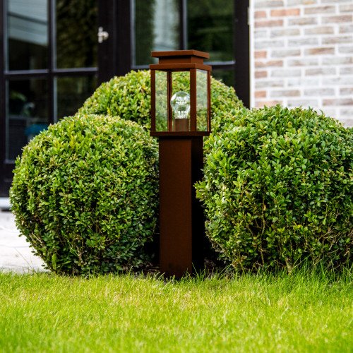 Buitenlamp staand corten, strak moderne buitenverlichting aluminium met roestbruine coating heldere glazen