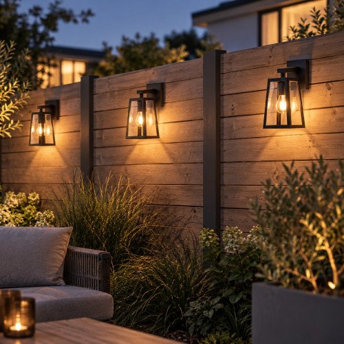 Zwarte design wandlamp voor buiten strak modern design verlichting voor aan de wand zwart frame heldere beglazing zwarte fitting lichtbron zichtbaar