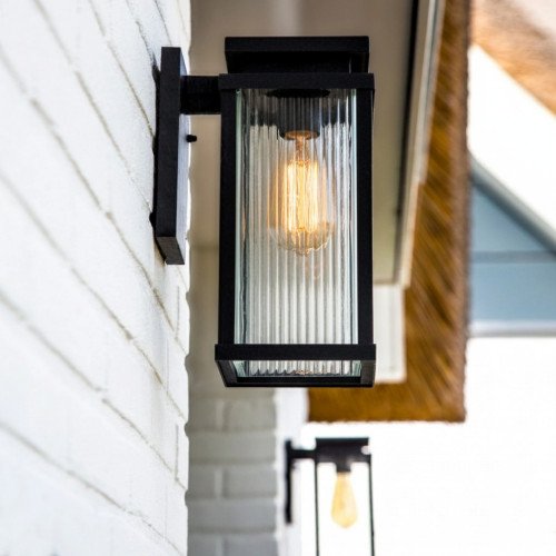 Buitenlamp Ripley muurlamp zwart geribbeld glas
