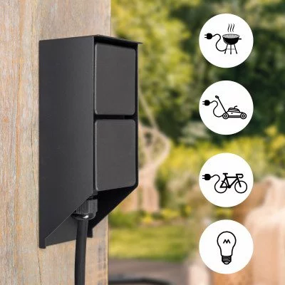 Dubbele stekker, IP44 dubbele fitting, outdoor, waterdicht, 250 V/16 A stopcontacten, korte kabel, Euro plug-verlenging voor buiten, thuis, kantoor, zwart