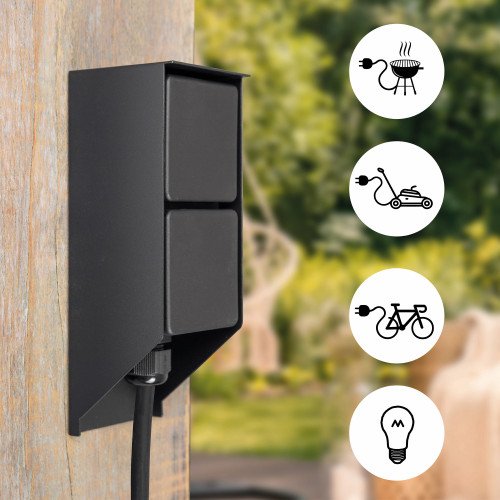 Zwart tuinstopcontact voor buiten voorzien van makkelijke spie en twee stroompunten