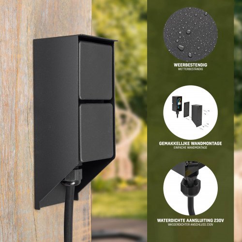 Zwart tuinstopcontact voor buiten voorzien van makkelijke spie en twee stroompunten
