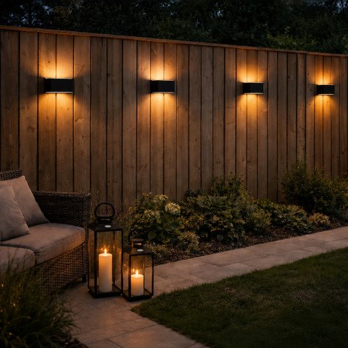 zwarte solar lamp vierkant van aluminium met een led lichtbron warm wit up en down