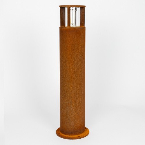 Een bruine robuuste ronde tuinlamp cortenstaal E27 fitting 