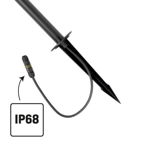 Issy tuinlamp zwart small bij siergras met neerwaarts licht. Compact LED armatuur met grondspie, IP65 en IP68-connector