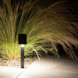 Issy tuinlamp zwart small bij siergras met neerwaarts licht. Compact LED armatuur met grondspie, IP65 en IP68-connector