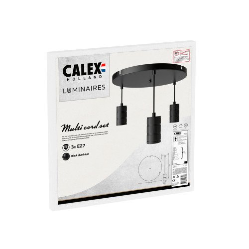 Lampen pendel van Calex in ronde vorm inclusief drie E27 fittingen in de stijl industrieel en in de kleur zwart