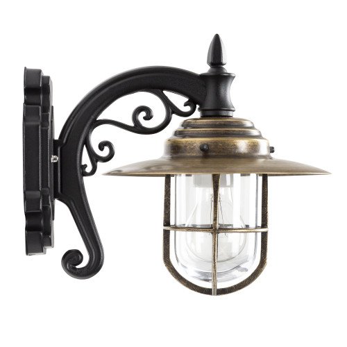 klassieke muurlamp met koperen deksel en zwarte wandsteun en een porseleinen E27 fitting en een bronzen raster