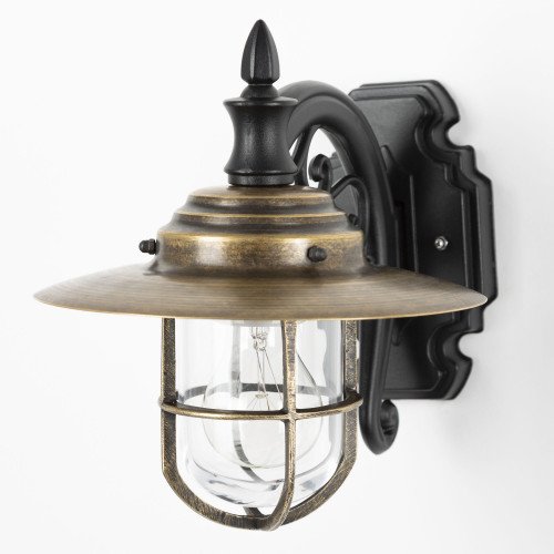 klassieke muurlamp met koperen deksel en zwarte wandsteun en een porseleinen E27 fitting en een bronzen raster