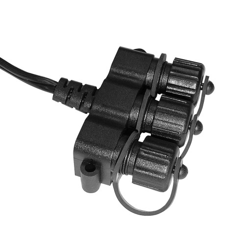 Zwart kabelverdeler welke geschikt is voor buiten met laagspanning 12 volt buitenverlichting