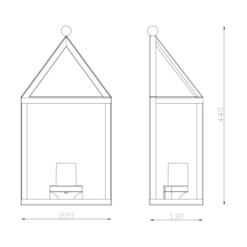 Buitenlamp Laren Zwart buitenwandlamp met RVS frame voorzien van een zwarte poedercoating, heldere beglazing, lichtbron is zichtbaar in de wandlamp, frame in vorm van een huis