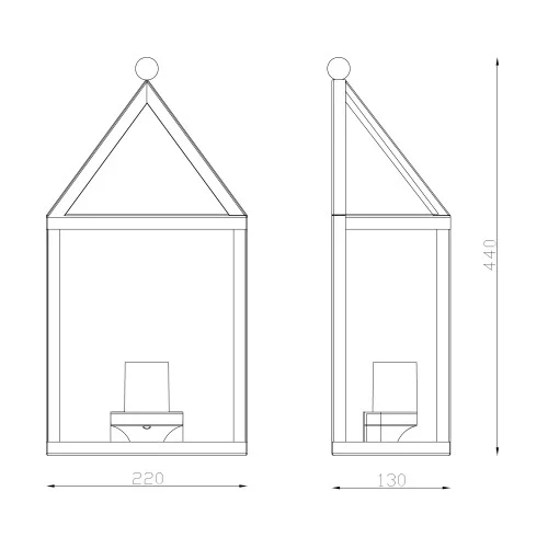 Buitenlamp Laren Zwart buitenwandlamp met RVS frame voorzien van een zwarte poedercoating, heldere beglazing, lichtbron is zichtbaar in de wandlamp, frame in vorm van een huis