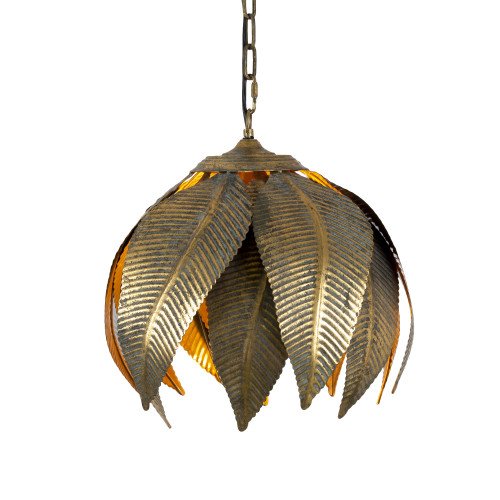 Een prachtige goudkleurige hanglamp. De kap heeft het design van bananenbladen.