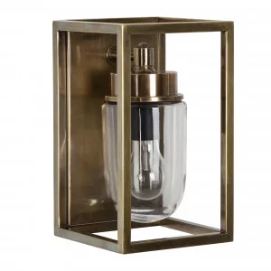 Wandlamp Fitzroy antiek messing, klassiek box design met stolpglas, e27 fitting, wandverlichting met een luxueuze uitstraling, exclusieve verlichting voor aan de wand