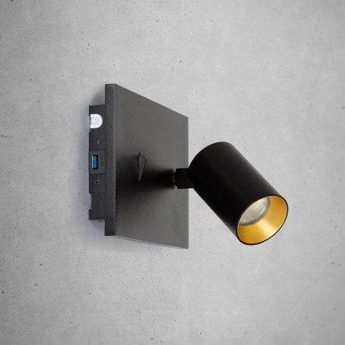 Wandspot in moderne stijl Mila in zwarte kleur voorzien van USB poorten en schakelaar