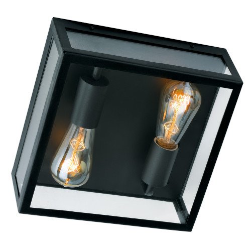 Plafondlamp stijlvol strak modern design, vierkant rvs frame met zwarte poedercoating, heldere beglazing, lichtbronnen 2 x e27 zichtbaar, ook als wandlamp op te hangen