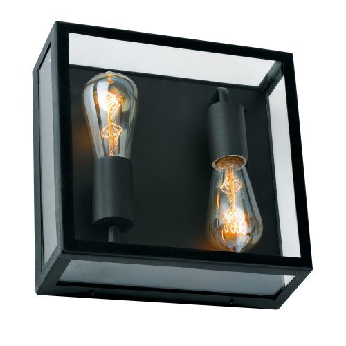 Plafondlamp stijlvol strak modern design, vierkant rvs frame met zwarte poedercoating, heldere beglazing, lichtbronnen 2 x e27 zichtbaar, ook als wandlamp op te hangen
