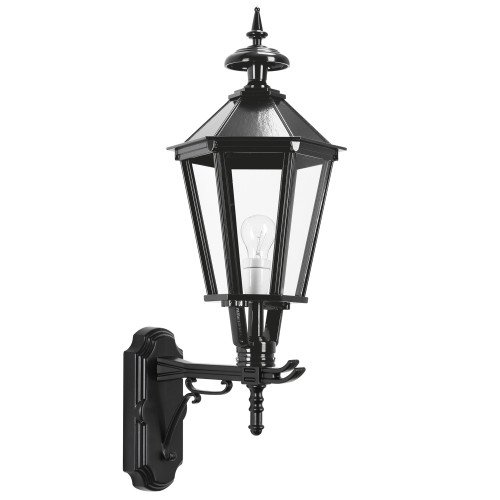 Buitenlamp in klassieke stijl wandlamp met zeskanten kap en strakke hoekige vormen in de kleur zwart