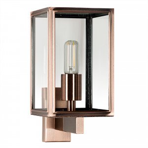design buitenlamp, rvs vierkant frame met koper finish, groot helder glas, verlichting voor buiten aan de wand design buitenlamp, rvs vierkant frame met koper finish, groot helder glas, verlichting voor buiten aan de wand