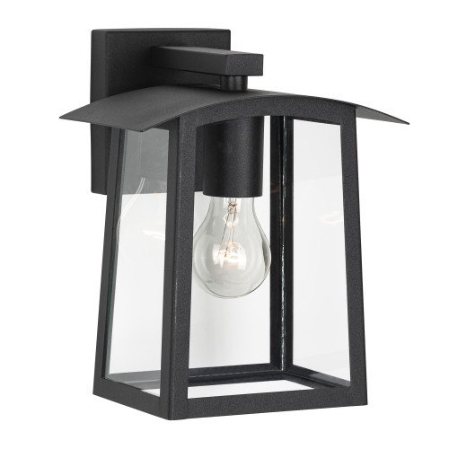 Zwarte design buitenlamp met heldere glazen,  E27 fitting, lichtbron is zichtbaar, moderne buitenmuur verlichting