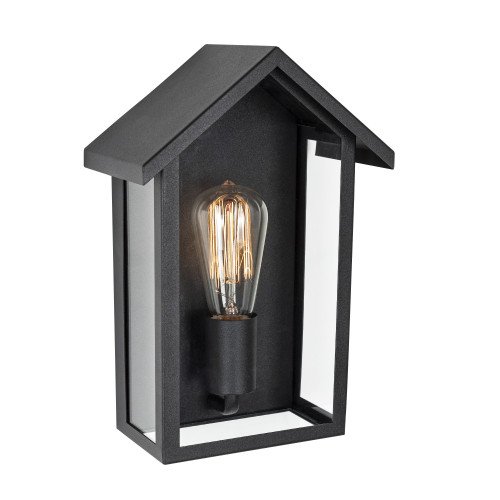 Zwarte buitenlamp, home design, vlakke achterzijde, wandlamp voor buiten met zwart frame en heldere beglazing, vorm van een huis