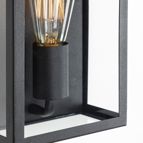 Zwarte buitenlamp, home design, vlakke achterzijde, wandlamp voor buiten met zwart frame en heldere beglazing, vorm van een huis