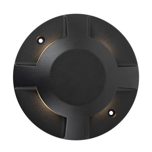 Zwarte ronde opbouw vloerspot met strijklicht naar 4 zijdes, de Evo deckspot 4 lichts zwart van het merk KS Verlichting, de perfecte grondspot voor op een vlonder of terras