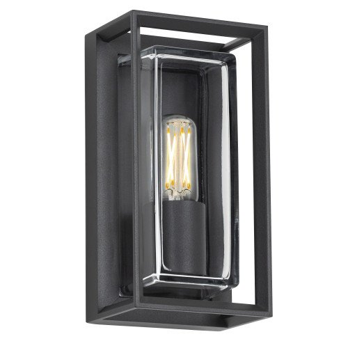 Moderne wandlamp zwart voor buiten aan de gevel, stijlvol strak vormgegeven buitenverlichting met heldere beglazing, box design buitenlamp