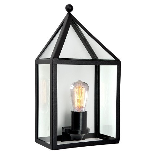 Buitenlamp Laren Zwart buitenwandlamp met RVS frame voorzien van een zwarte poedercoating, heldere beglazing, lichtbron is zichtbaar in de wandlamp, frame in vorm van een huis