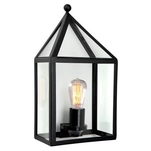 Buitenlamp Laren Zwart buitenwandlamp met RVS frame voorzien van een zwarte poedercoating, heldere beglazing, lichtbron is zichtbaar in de wandlamp, frame in vorm van een huis