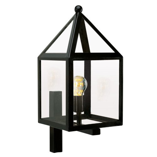 buitenlamp zwart met een rvs zwart frame aan wandsteun met heldere beglazing, lichtbron is zichtbaar, huisjes model vormgeving