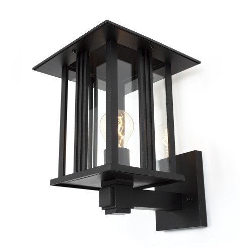 Wandlamp Kingston voor buiten, moderne buitenmuur verlichting met een klassieke touch, zwarte buitenlamp met heldere beglazing op wandsteun met vierkante achterplaat