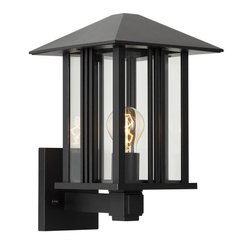 Wandlamp Kingston voor buiten, moderne buitenmuur verlichting met een klassieke touch, zwarte buitenlamp met heldere beglazing op wandsteun met vierkante achterplaat