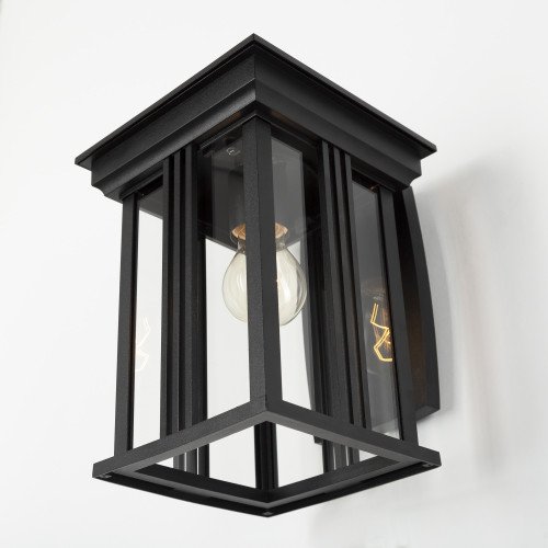 Zwarte wandlamp voor buiten, strak modern klassieke verlichting, box design, heldere beglazing, strakke belijning, zwart frame