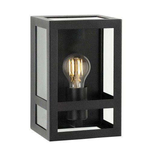 Wandlamp zwart voor buiten,  buitenlamp met zwart frame, helder glas, vlakke achterzijde, E27 fitting, urban stijl  gevelverlichting