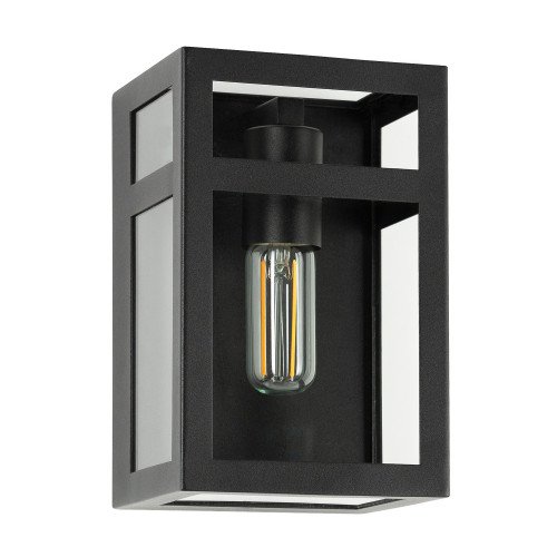 Wandlamp zwart voor buiten,  buitenlamp met zwart frame, helder glas, vlakke achterzijde, E27 fitting, urban stijl  gevelverlichting