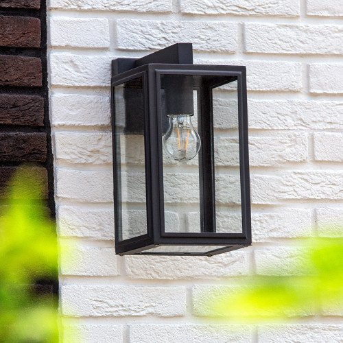 Buitenlamp zwart frame heldere beglazing, moderne wandlamp voor buiten, Soho met e27 fitting